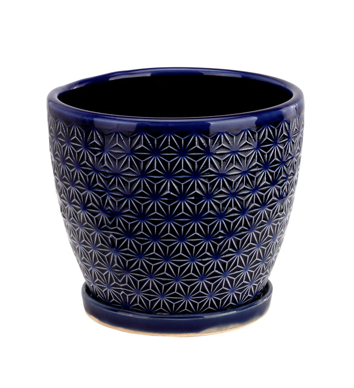 cobalt blue planter with geometric pattern on a white background