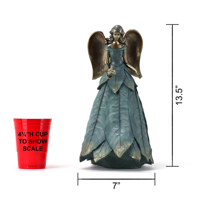 Blue and Bronze Finish Angel with Bird with Dimensions