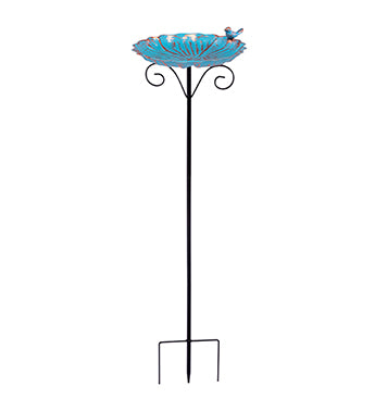 Bird bath on a stand with a blue basin and decorative elements against a white background