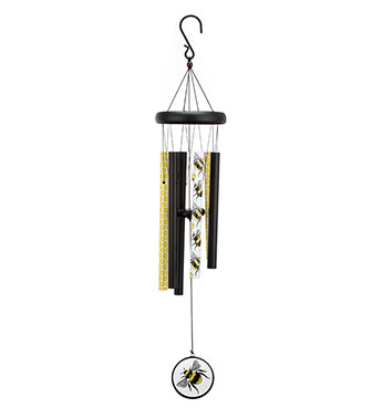 Decorative wind chime with bee design on a white background