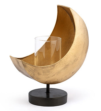 Gold half-moon candle holder with a black base on a white background