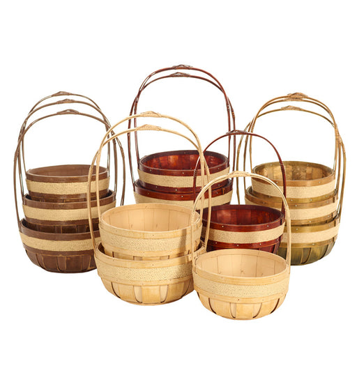 Set of wooden bushel baskets with handles on a white background