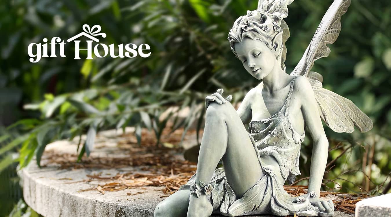 Gift House | Stone Fairy Sitting on Bench in Garden